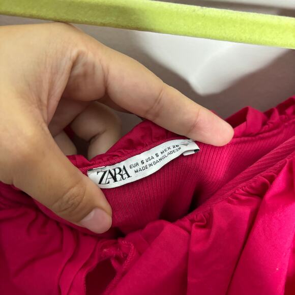 Zara Hot Pink Ribbed knit Poplin Ruffle Bodysuit Sz S - Picture 5 of 12